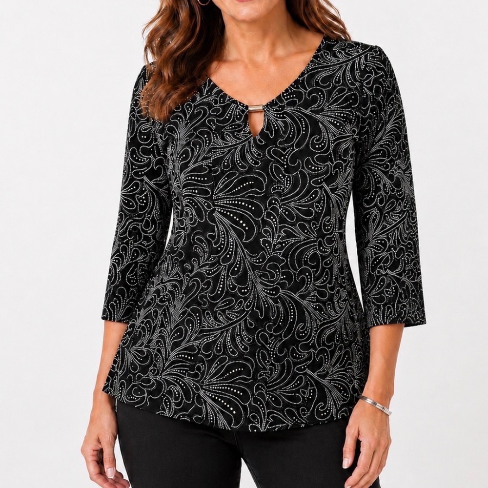 Est. 1946  Large Black w/ Raised‎ Dotted Paisley 3/4 Sleeve Keyhole Top Blouse